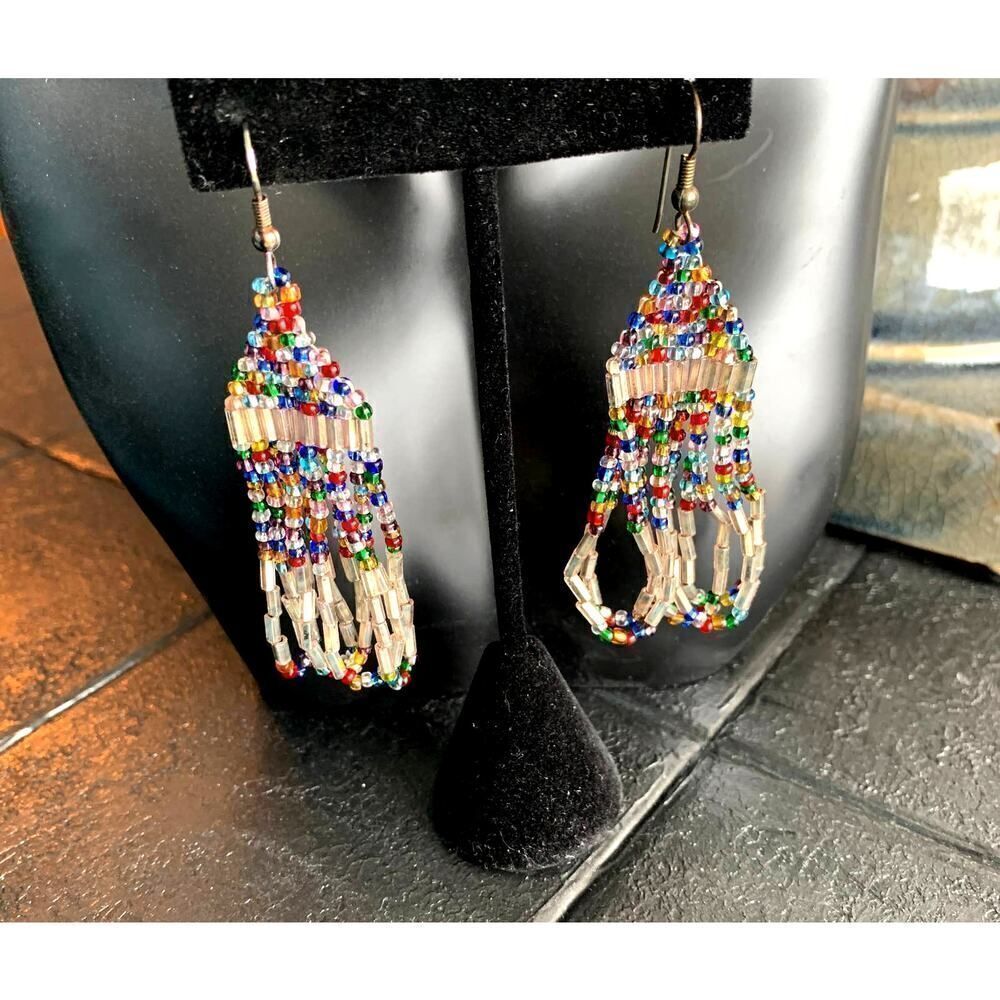 Handcrafted Pierced Multicolor Bugle bead earrings, Vintage